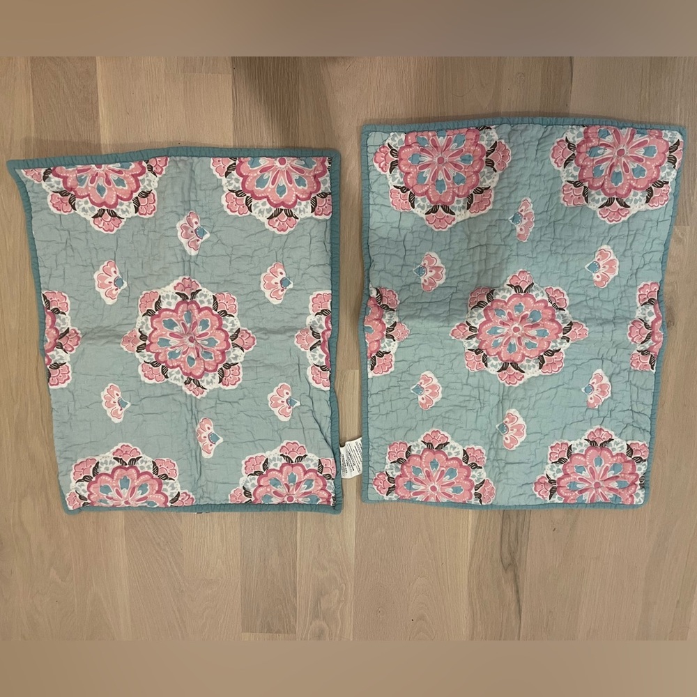 2 Pottery Barn Kids Brooklyn Standard Quilted Pillow Shams Blue Floral Print